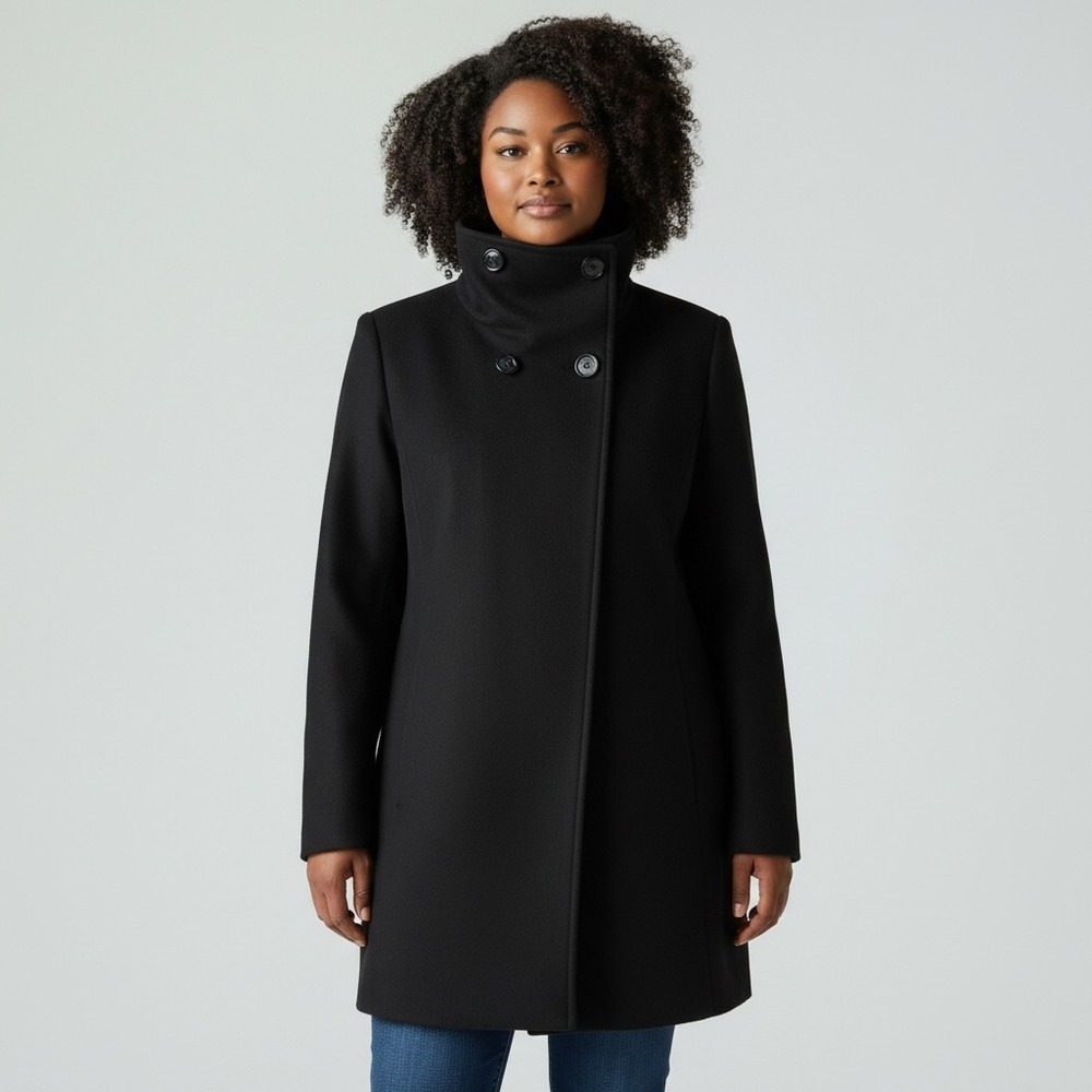 Trina Turk Black Lambswool Mock Neck Button Front A Line Coat Women's Size 14 - Picture 1 of 8